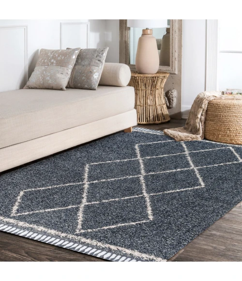 Mercer Shag Plush Tassel Moroccan Tribal Geometric Trellis Denim Blue/Cream 3 ft. x 5 ft. Area Rug