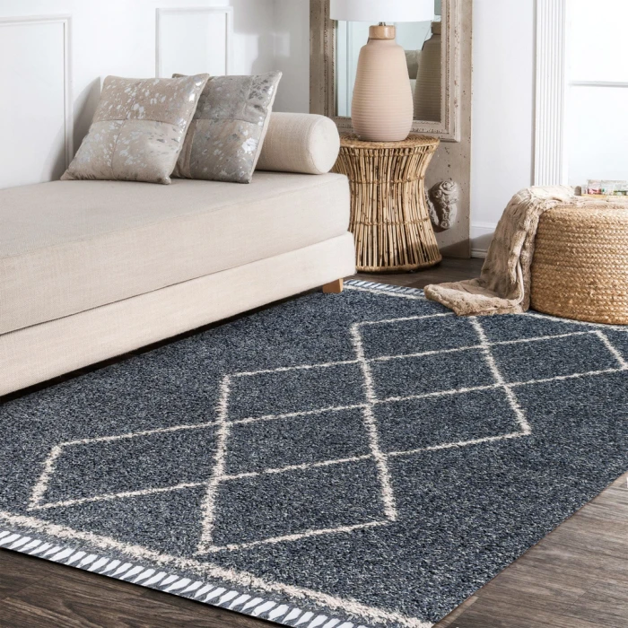 Mercer Shag Plush Tassel Moroccan Tribal Geometric Trellis Denim Blue/Cream 4 ft. x 6 ft. Area Rug