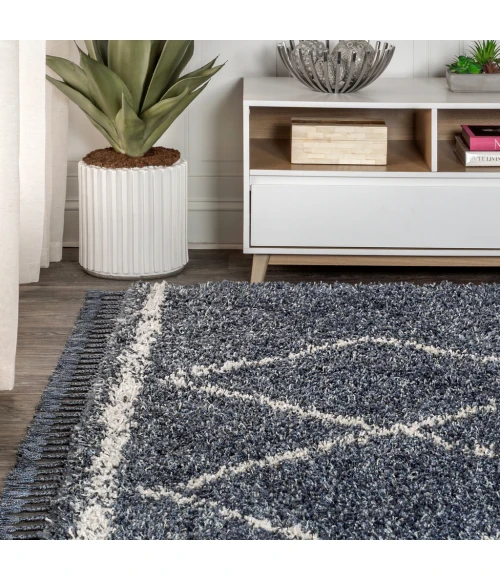 Mercer Shag Plush Tassel Moroccan Tribal Geometric Trellis Denim Blue/Cream 3 ft. x 5 ft. Area Rug