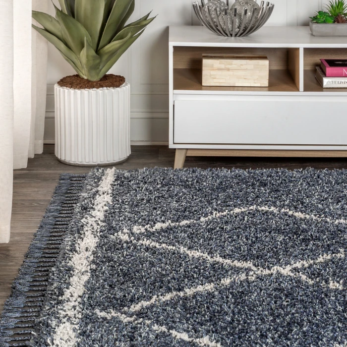 Mercer Shag Plush Tassel Moroccan Tribal Geometric Trellis Denim Blue/Cream 4 ft. x 6 ft. Area Rug