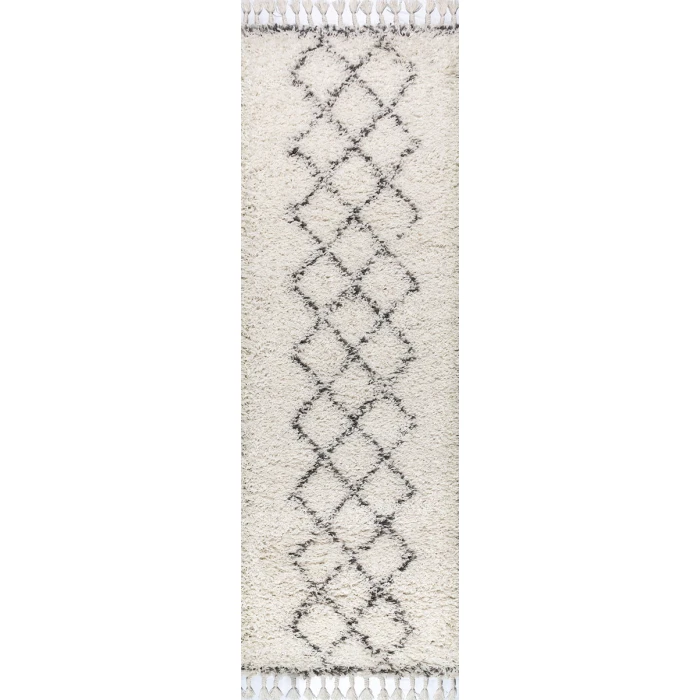Mercer Shag Plush Tassel Moroccan Tribal Geometric Trellis Cream/Grey 2 ft. x 8 ft. Runner Rug