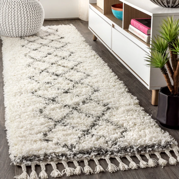 Mercer Shag Plush Tassel Moroccan Tribal Geometric Trellis Cream/Grey 2 ft. x 8 ft. Runner Rug