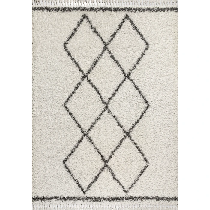 Mercer Shag Plush Tassel Moroccan Tribal Geometric Trellis Cream/Grey 4 ft. x 6 ft. Area Rug