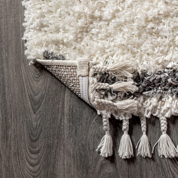 Mercer Shag Plush Tassel Moroccan Tribal Geometric Trellis Cream/Grey 4 ft. x 6 ft. Area Rug