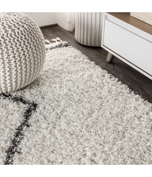 Mercer Shag Plush Tassel Moroccan Tribal Geometric Trellis Cream/Grey 4 ft. x 6 ft. Area Rug