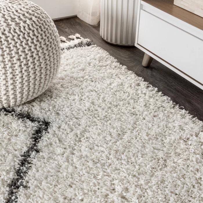 Mercer Shag Plush Tassel Moroccan Tribal Geometric Trellis Cream/Grey 4 ft. x 6 ft. Area Rug