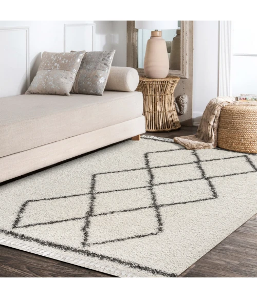Mercer Shag Plush Tassel Moroccan Tribal Geometric Trellis Cream/Grey 4 ft. x 6 ft. Area Rug
