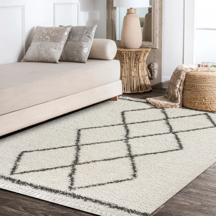 Mercer Shag Plush Tassel Moroccan Tribal Geometric Trellis Cream/Grey 4 ft. x 6 ft. Area Rug