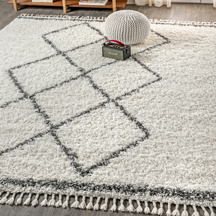 Mercer Shag Plush Tassel Moroccan Tribal Geometric Trellis Cream/Grey 4 ft. x 6 ft. Area Rug