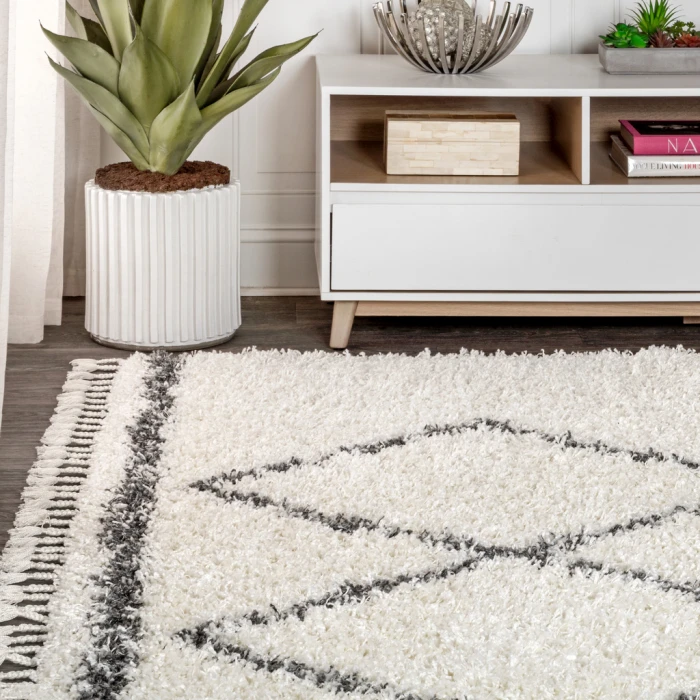 Mercer Shag Plush Tassel Moroccan Tribal Geometric Trellis Cream/Grey 4 ft. x 6 ft. Area Rug
