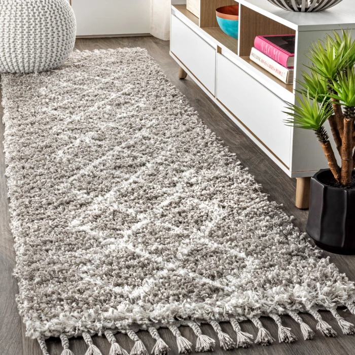 Mercer Shag Plush Tassel Moroccan Tribal Geometric Trellis Grey/Cream 2 ft. x 8 ft. Runner Rug
