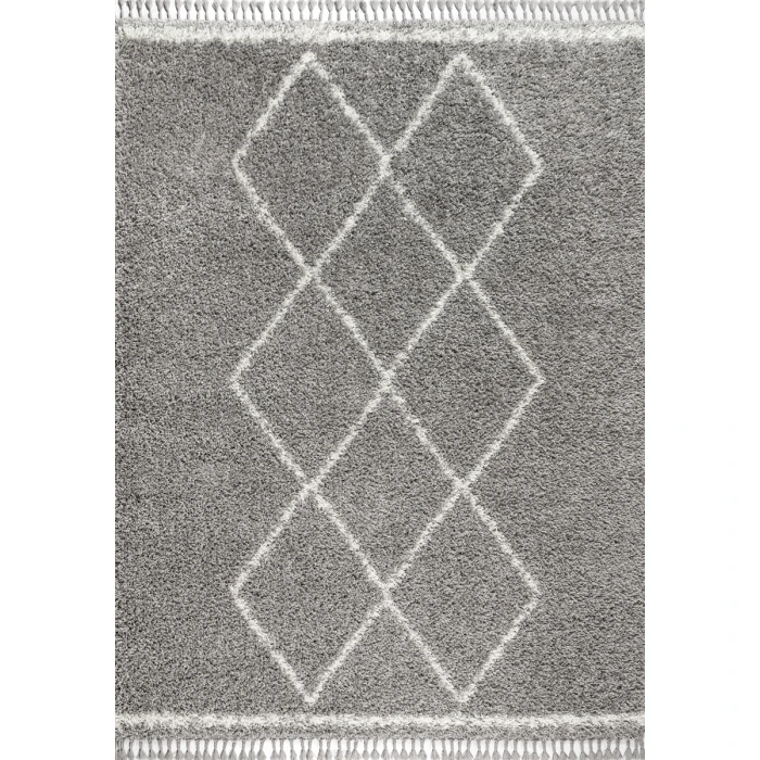 Mercer Shag Plush Tassel Moroccan Tribal Geometric Trellis Grey/Cream 3 ft. x 5 ft. Area Rug