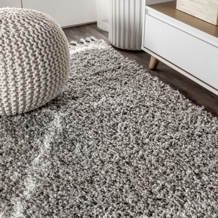 Mercer Shag Plush Tassel Moroccan Tribal Geometric Trellis Grey/Cream 2 ft. x 8 ft. Runner Rug