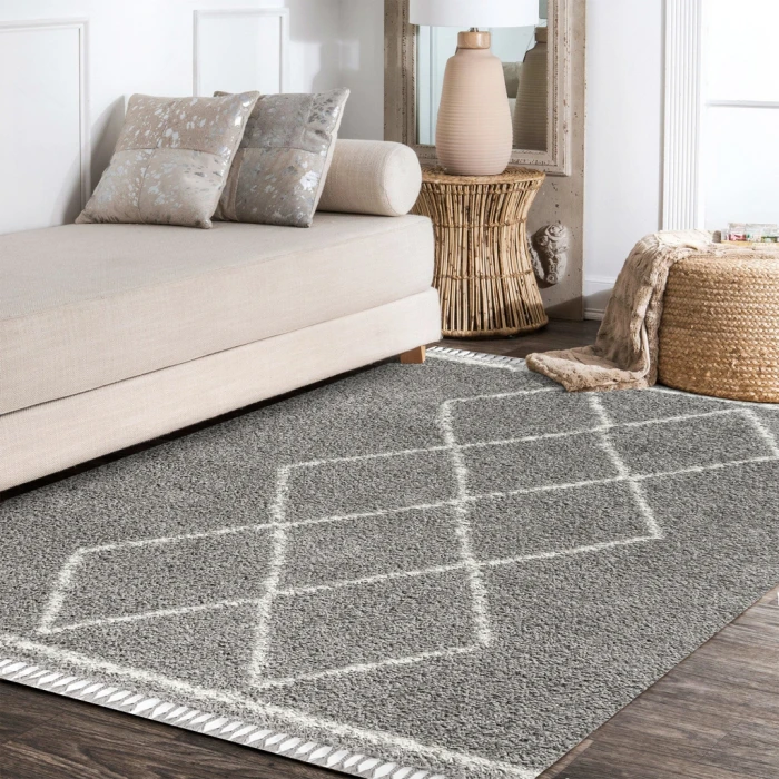 Mercer Shag Plush Tassel Moroccan Tribal Geometric Trellis Grey/Cream 3 ft. x 5 ft. Area Rug