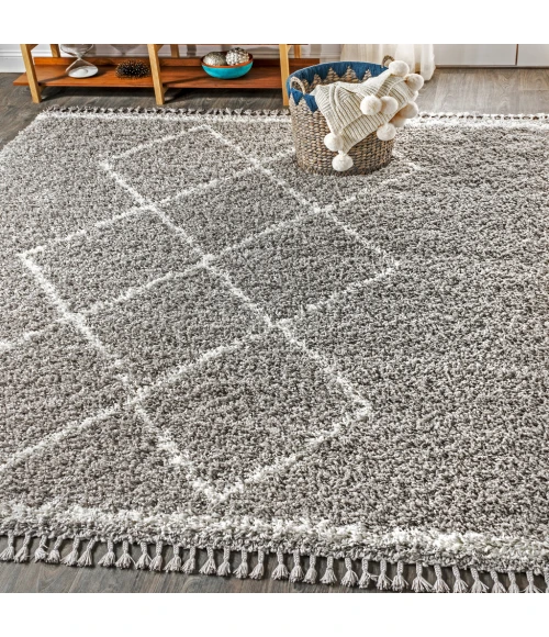 Mercer Shag Plush Tassel Moroccan Tribal Geometric Trellis Grey/Cream 4 ft. x 6 ft. Area Rug