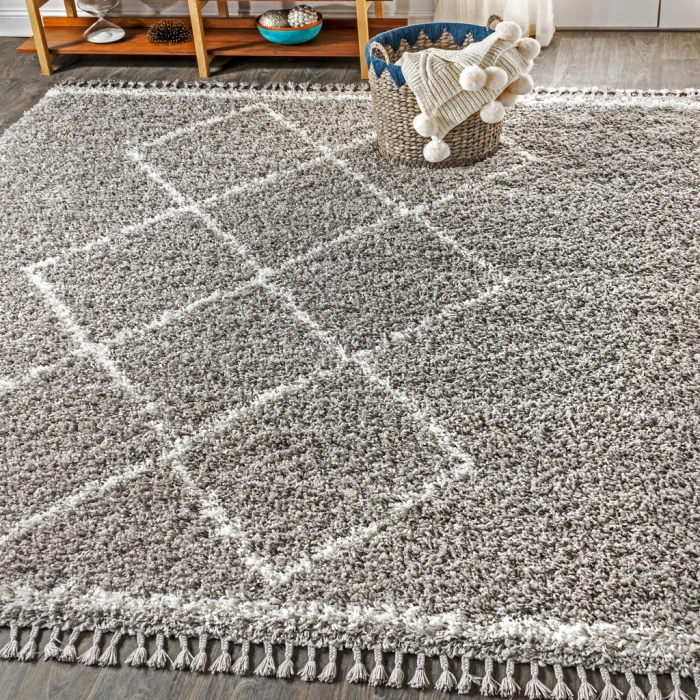 Mercer Shag Plush Tassel Moroccan Tribal Geometric Trellis Grey/Cream 3 ft. x 5 ft. Area Rug