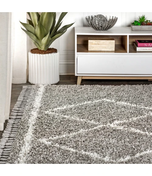 Mercer Shag Plush Tassel Moroccan Tribal Geometric Trellis Grey/Cream 4 ft. x 6 ft. Area Rug