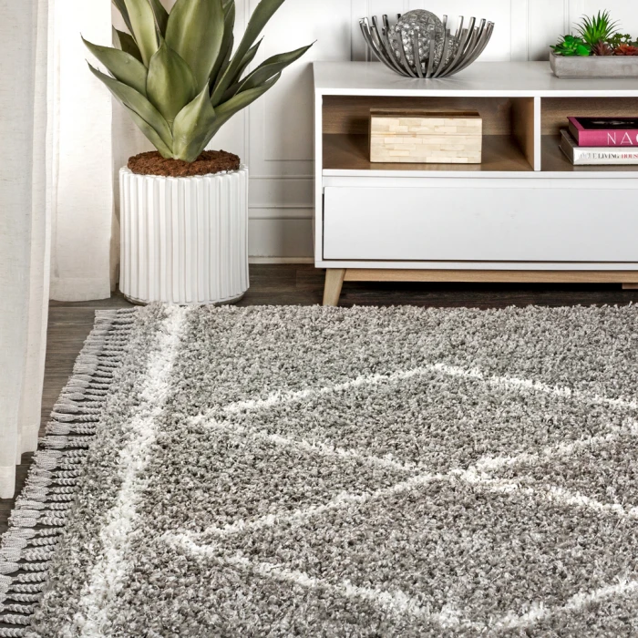 Mercer Shag Plush Tassel Moroccan Tribal Geometric Trellis Grey/Cream 3 ft. x 5 ft. Area Rug