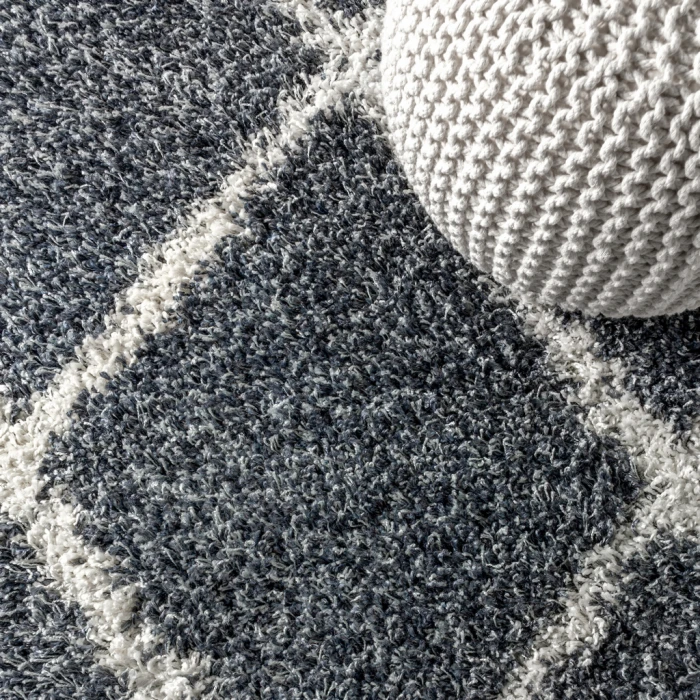 Mercer Shag Plush Tassel Moroccan Geometric Trellis Denim Blue/Cream 2 ft. x 8 ft. Runner Rug