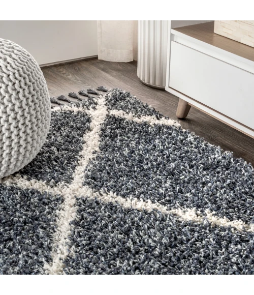 Mercer Shag Plush Tassel Moroccan Geometric Trellis Denim Blue/Cream 3 ft. x 5 ft. Area Rug