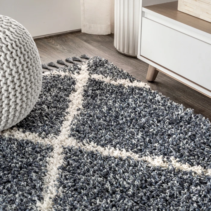 Mercer Shag Plush Tassel Moroccan Geometric Trellis Denim Blue/Cream 2 ft. x 8 ft. Runner Rug