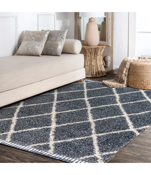 Mercer Shag Plush Tassel Moroccan Geometric Trellis Denim Blue/Cream 3 ft. x 5 ft. Area Rug