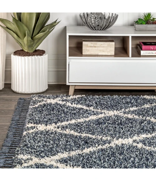 Mercer Shag Plush Tassel Moroccan Geometric Trellis Denim Blue/Cream 3 ft. x 5 ft. Area Rug