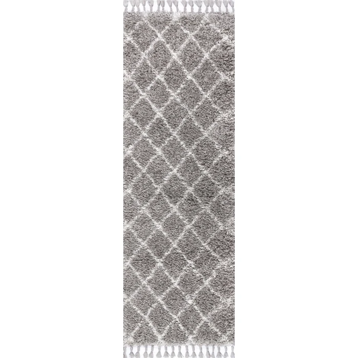 Mercer Shag Plush Tassel Moroccan Geometric Trellis Grey/Cream 2 ft. x 8 ft. Runner Rug