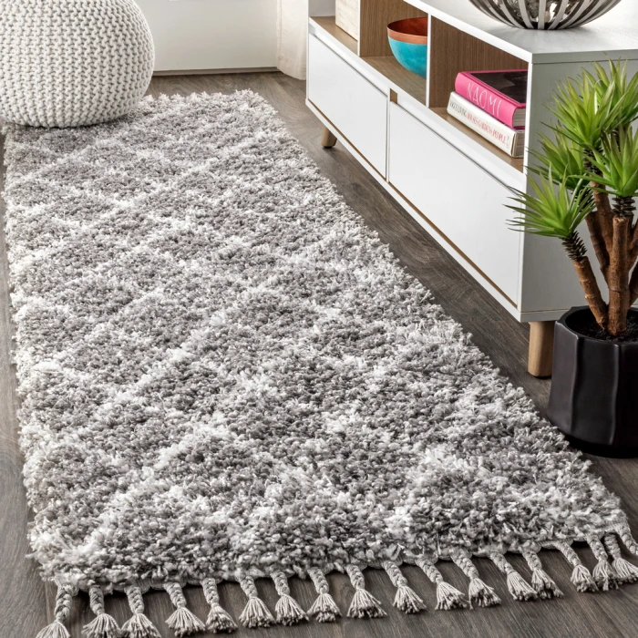 Mercer Shag Plush Tassel Moroccan Geometric Trellis Grey/Cream 2 ft. x 8 ft. Runner Rug