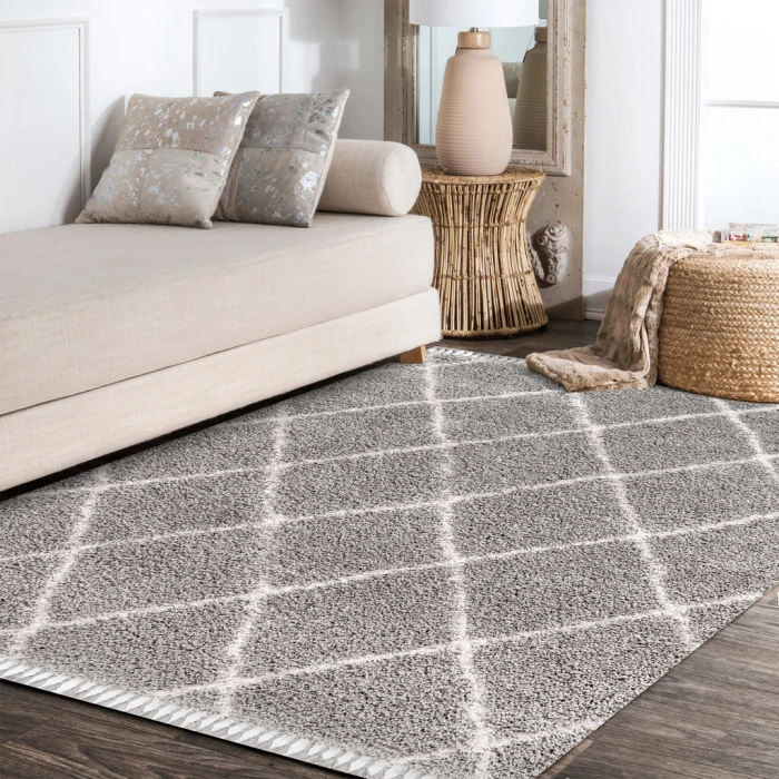 Mercer Shag Plush Tassel Moroccan Geometric Trellis Grey/Cream 3 ft. x 5 ft. Area Rug