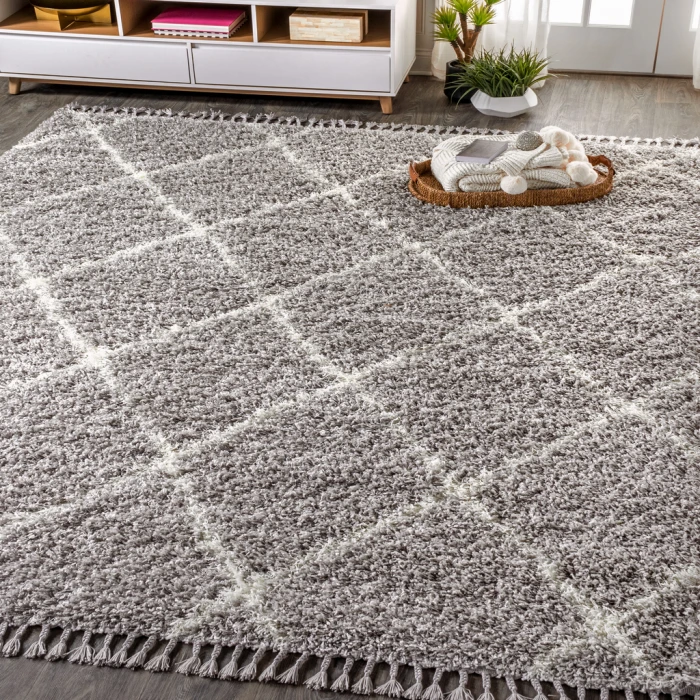 Mercer Shag Plush Tassel Moroccan Geometric Trellis Grey/Cream 3 ft. x 5 ft. Area Rug