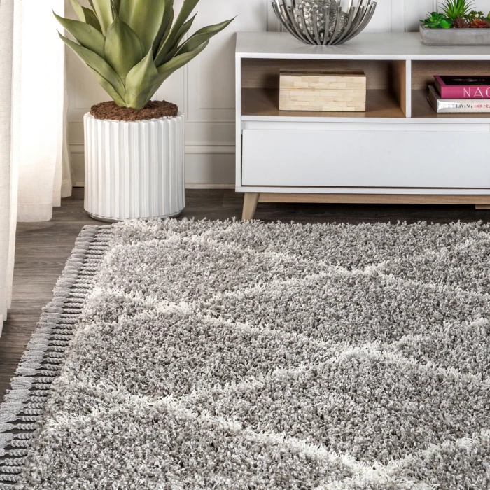 Mercer Shag Plush Tassel Moroccan Geometric Trellis Grey/Cream 3 ft. x 5 ft. Area Rug