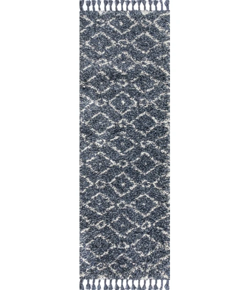 Mercer Shag Plush Tassel Moroccan Diamond Denim Blue/Cream 2 ft. x 8 ft. Runner Rug