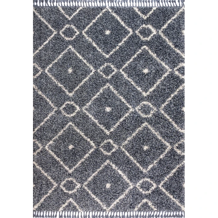 Mercer Shag Plush Tassel Moroccan Diamond Denim Blue/Cream 4 ft. x 6 ft. Area Rug