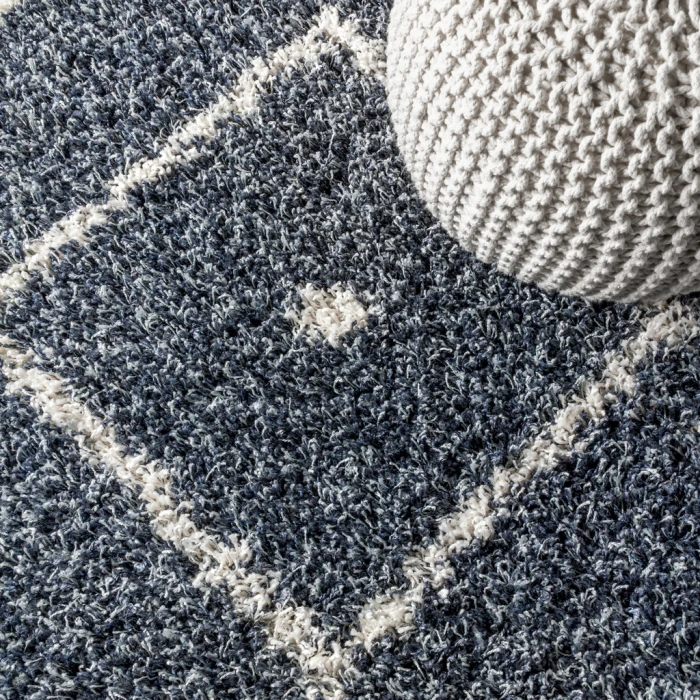 Mercer Shag Plush Tassel Moroccan Diamond Denim Blue/Cream 4 ft. x 6 ft. Area Rug