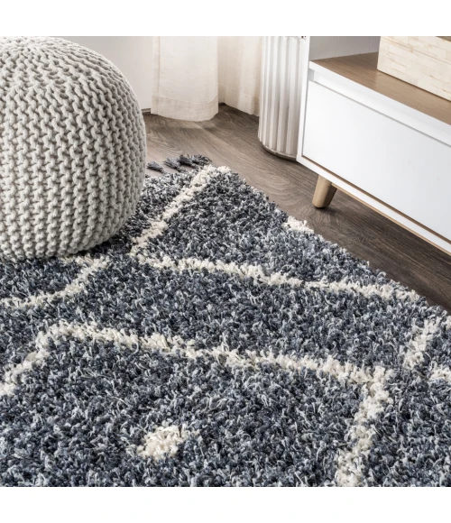 Mercer Shag Plush Tassel Moroccan Diamond Denim Blue/Cream 3 ft. x 5 ft. Area Rug