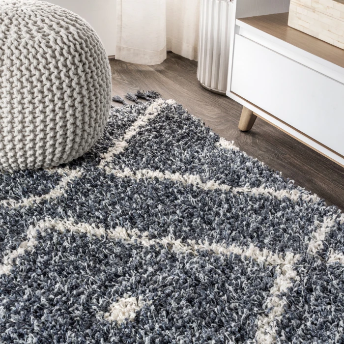 Mercer Shag Plush Tassel Moroccan Diamond Denim Blue/Cream 4 ft. x 6 ft. Area Rug