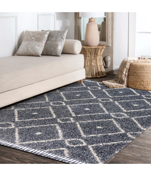 Mercer Shag Plush Tassel Moroccan Diamond Denim Blue/Cream 3 ft. x 5 ft. Area Rug