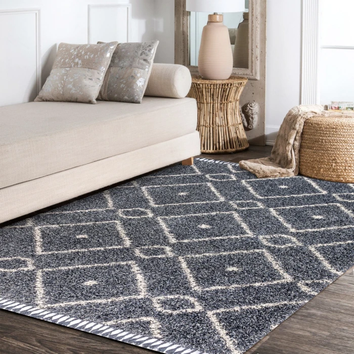 Mercer Shag Plush Tassel Moroccan Diamond Denim Blue/Cream 4 ft. x 6 ft. Area Rug