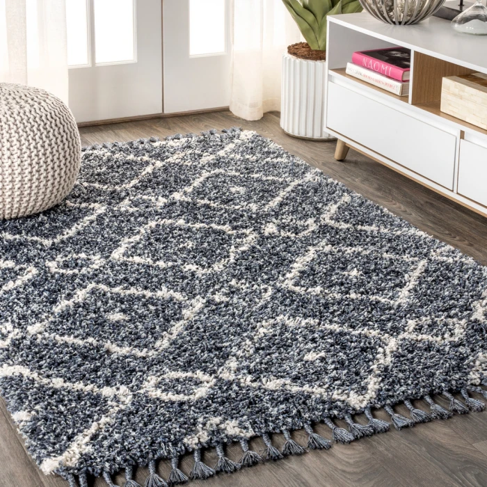 Mercer Shag Plush Tassel Moroccan Diamond Denim Blue/Cream 4 ft. x 6 ft. Area Rug