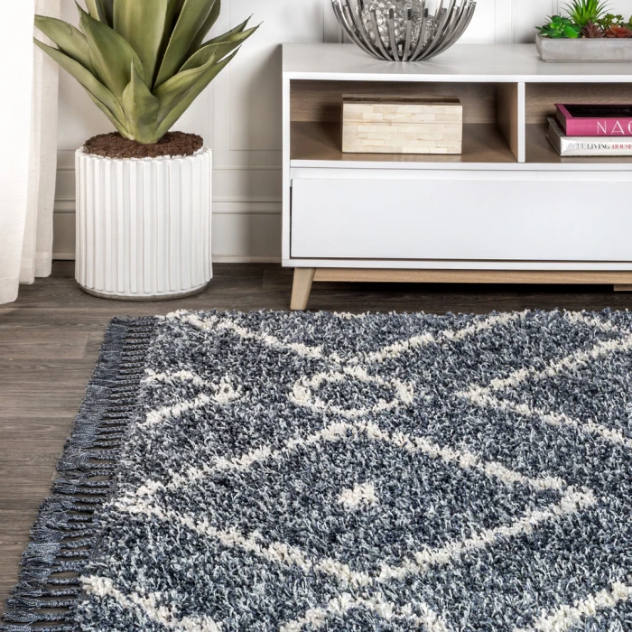 Mercer Shag Plush Tassel Moroccan Diamond Denim Blue/Cream 4 ft. x 6 ft. Area Rug