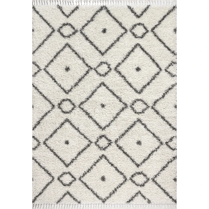 Mercer Shag Plush Tassel Moroccan Diamond Cream/Grey 5 ft. x 8 ft. Area Rug