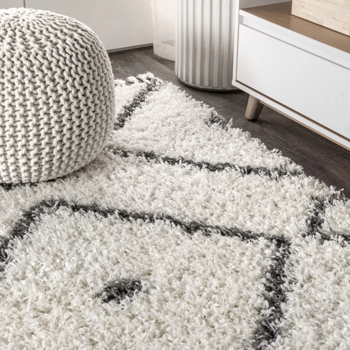 Mercer Shag Plush Tassel Moroccan Diamond Cream/Grey 5 ft. x 8 ft. Area Rug