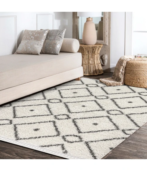 Mercer Shag Plush Tassel Moroccan Diamond Cream/Grey 5 ft. x 8 ft. Area Rug