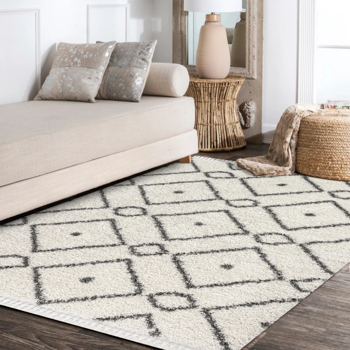 Mercer Shag Plush Tassel Moroccan Diamond Cream/Grey 5 ft. x 8 ft. Area Rug