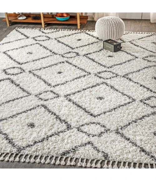 Mercer Shag Plush Tassel Moroccan Diamond Cream/Grey 5 ft. x 8 ft. Area Rug