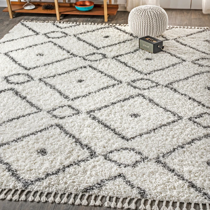 Mercer Shag Plush Tassel Moroccan Diamond Cream/Grey 5 ft. x 8 ft. Area Rug