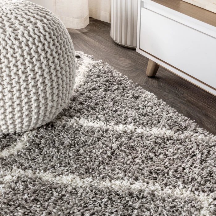 Mercer Shag Plush Tassel Moroccan Diamond Grey/Cream 2 ft. x 8 ft. Runner Rug