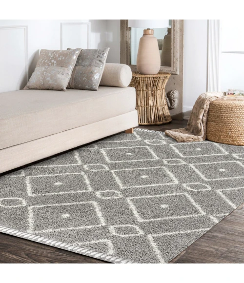 Mercer Shag Plush Tassel Moroccan Diamond Grey/Cream 3 ft. x 5 ft. Area Rug