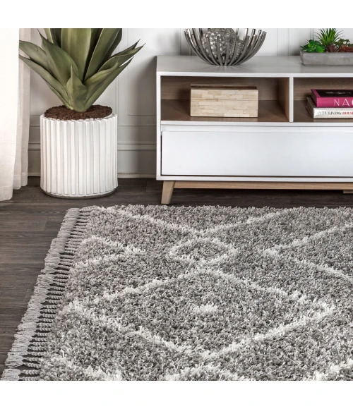Mercer Shag Plush Tassel Moroccan Diamond Grey/Cream 3 ft. x 5 ft. Area Rug